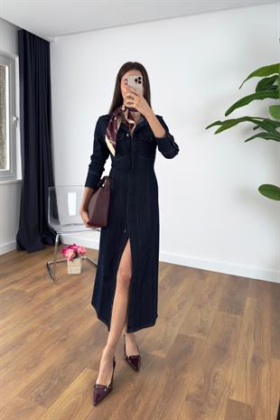Helsi Dark Blue Gizli Düğmeli Maxi Elbise