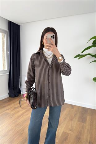 Hena Kahve Beyaz Çizgili Gömlek