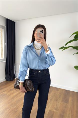 Hena Mavi Kahve Çizgili Gömlek