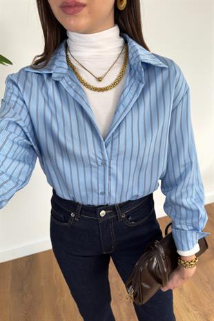 Hena Mavi Kahve Çizgili Gömlek