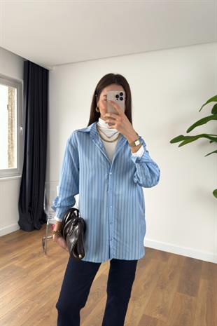 Hena Mavi Kahve Çizgili Gömlek