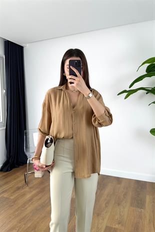 Hensi Camel Çizgili V Yaka Gömlek