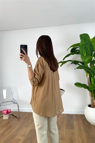 Hensi Camel Çizgili V Yaka Gömlek