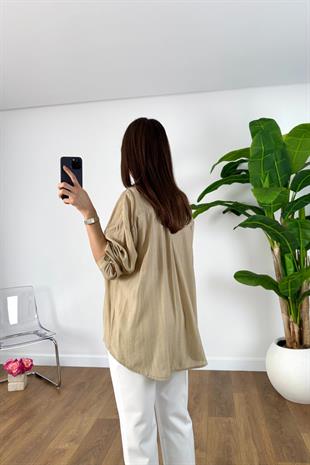 Hensi Olive Çizgili V Yaka Gömlek