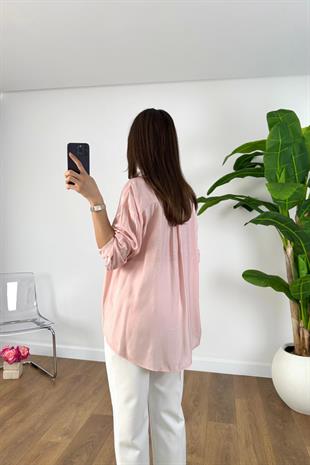 Hensi Pembe Çizgili V Yaka Gömlek
