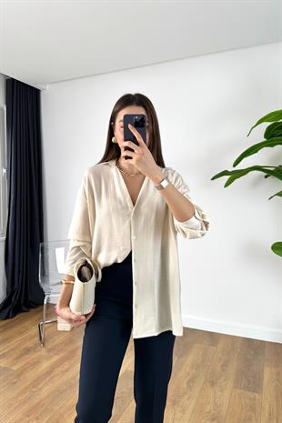 Hensi Taş Çizgili V Yaka Gömlek