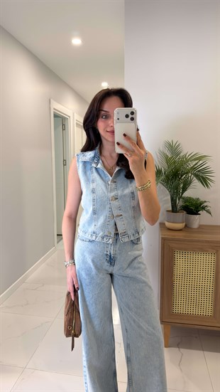 Hesa Buz Mavi Denim Yelekli Takım