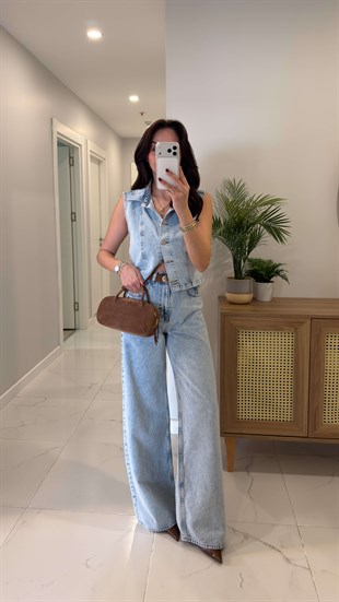 Hesa Buz Mavi Denim Yelekli Takım