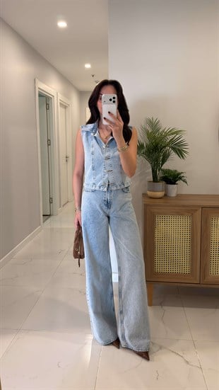 Hesa Buz Mavi Denim Yelekli Takım