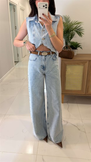 Hesa Buz Mavi Denim Yelekli Takım