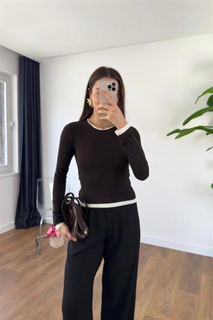Hesina Acı Kahve  Bisiklet Yaka Biyeli Bluz/Body