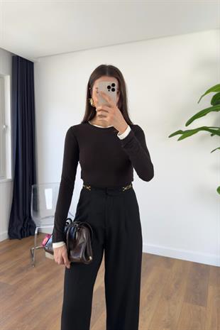 Hesina Acı Kahve  Bisiklet Yaka Biyeli Bluz/Body