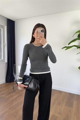 Hesina Antrasit Bisiklet Yaka Biyeli Bluz/Body