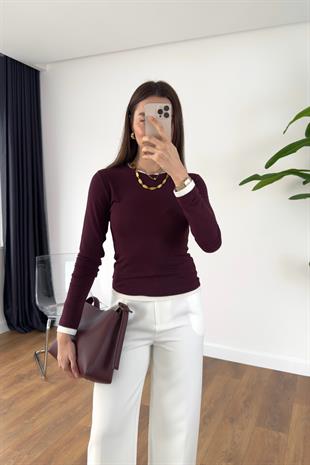 Hesina Bordo Bisiklet Yaka Biyeli Bluz/Body