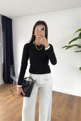 Hesina Siyah Bisiklet Yaka Biyeli Bluz/Body