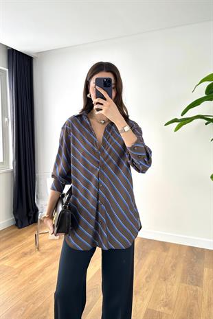 Heslan Kahve Mavi  Çizgili Gömlek