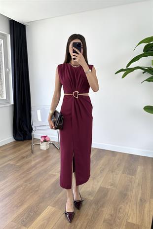Hilla Bordo Pencere Toka Detaylı Elbise