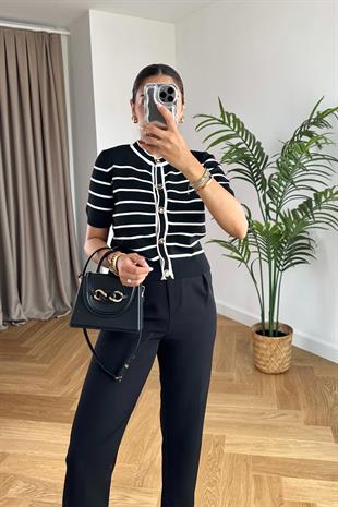 Bolbo Siyah Çizgili Çıtçıt Düğme Detaylı Çelik Hırka