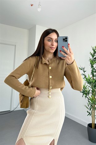 Buxi Kahve Gold Düğme Detaylı Hırka