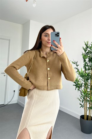 Buxi Kahve Gold Düğme Detaylı Hırka