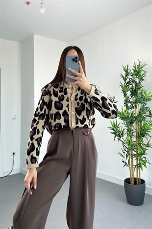 Buxi Leopar Desen Çizgili Gold Düğme Detaylı Hırka