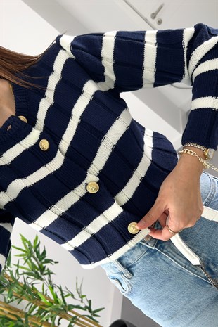 Fenta Lacivert Beyaz Çizgili Gold Düğme Detaylı Hırka