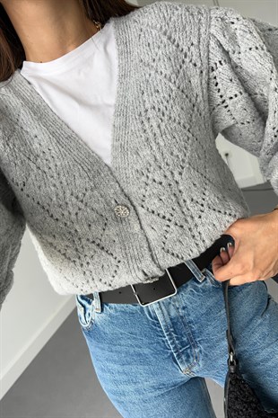 Gri Taş Düğmeli Hırka