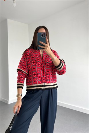 Huka Kırmızı Lacivert Desenli Fermuarlı Triko Hırka