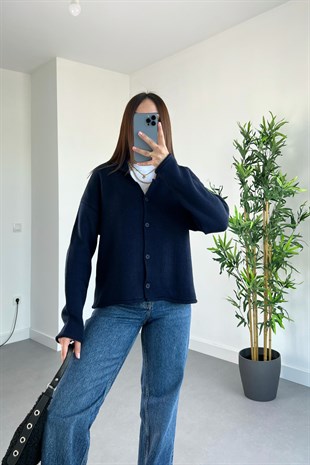 Lacivert Polo Yaka Düğmeli Hırka