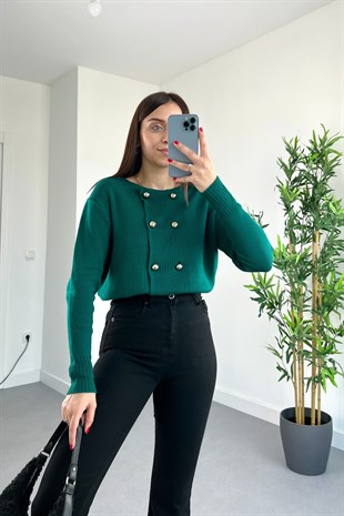 Lulu Koyu Yeşil Çift Düğmeli Hırka