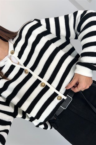 Masso Siyah Çizgili Gold Düğmeli Triko Hırka