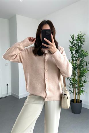 Pembe Bisiklet Yaka Düğmeli Hırka