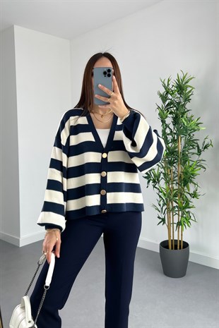 Ponte Lacivert Ekru Çizgili Düğme Detaylı Hırka