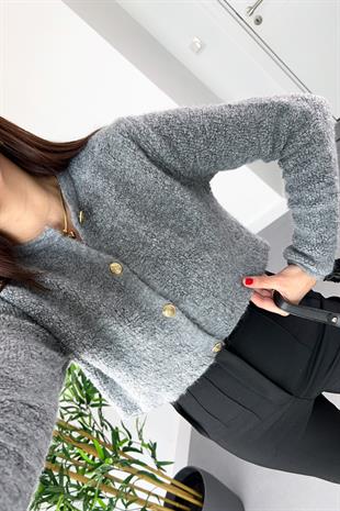 Soft Gri Düğme Detaylı Bisiklet Yaka Yumoş Hırka