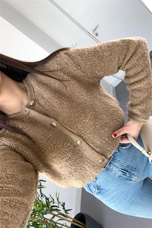 Soft Kahve Düğme Detaylı Bisiklet Yaka Yumoş Hırka