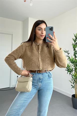 Soft Kahve Düğme Detaylı Bisiklet Yaka Yumoş Hırka