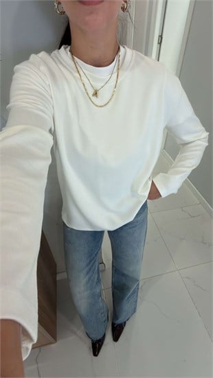 Hisna Beyaz Uzun Kollu Basic Sweat