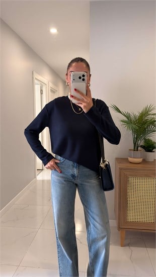 Hisna Lacivert Uzun Kollu Basic Sweat
