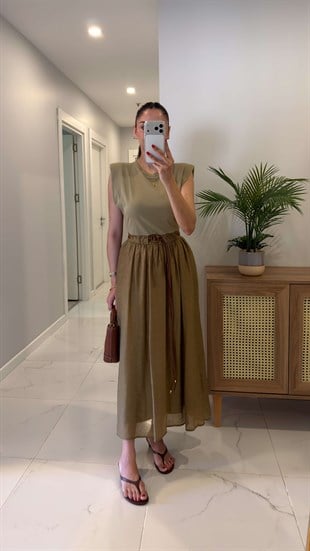 Holez Olive Vatka Detaylı Kemerli Elbise