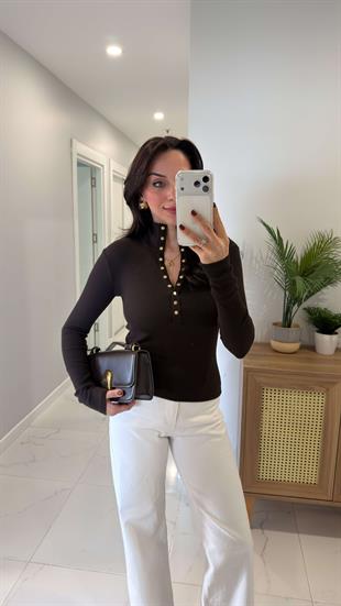Holla Kahve Çıtçıt Detaylı Bluz
