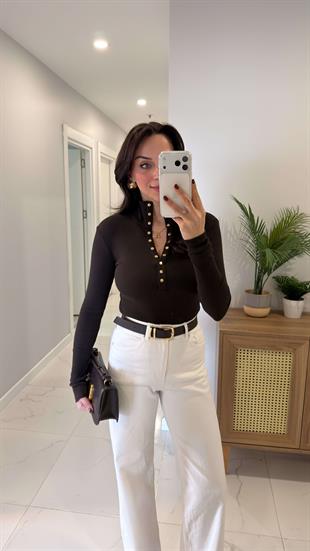 Holla Kahve Çıtçıt Detaylı Bluz