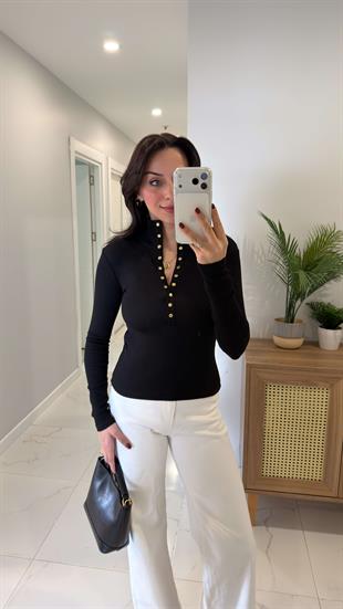 Holla Siyah Çıtçıt Detaylı Bluz