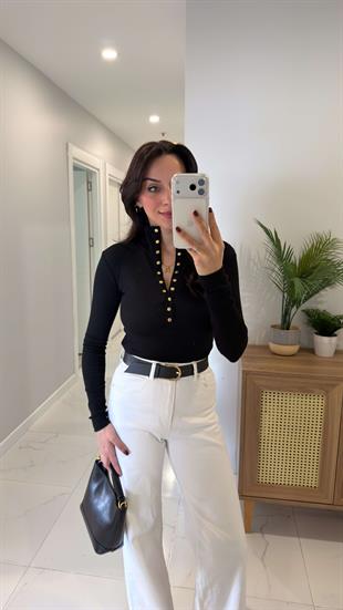 Holla Siyah Çıtçıt Detaylı Bluz