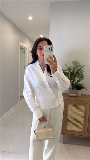 Hubbis Ekru Premium Bel Detaylı Poplin Gömlek