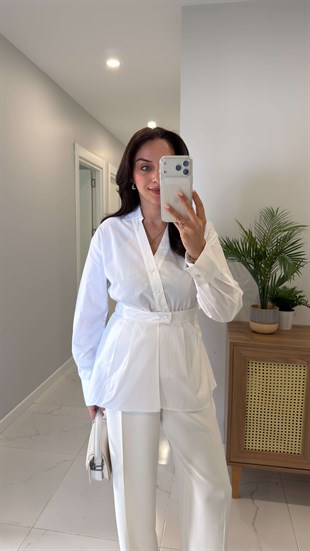 Hubbis Ekru Premium Bel Detaylı Poplin Gömlek