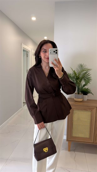 Hubbis Kahve Premium Bel Detaylı Poplin Gömlek