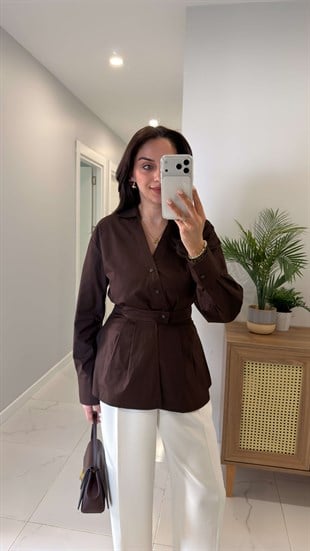 Hubbis Kahve Premium Bel Detaylı Poplin Gömlek