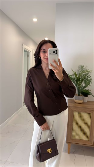 Hubbis Kahve Premium Bel Detaylı Poplin Gömlek
