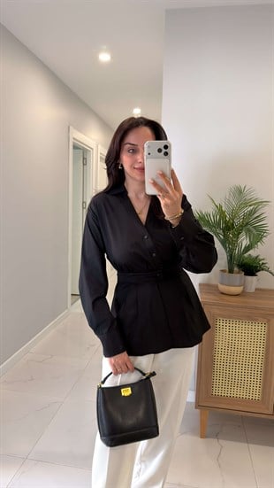 Hubbis Siyah Premium Bel Detaylı Poplin Gömlek