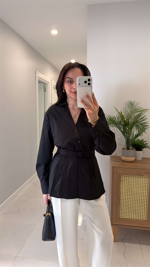 Hubbis Siyah Premium Bel Detaylı Poplin Gömlek